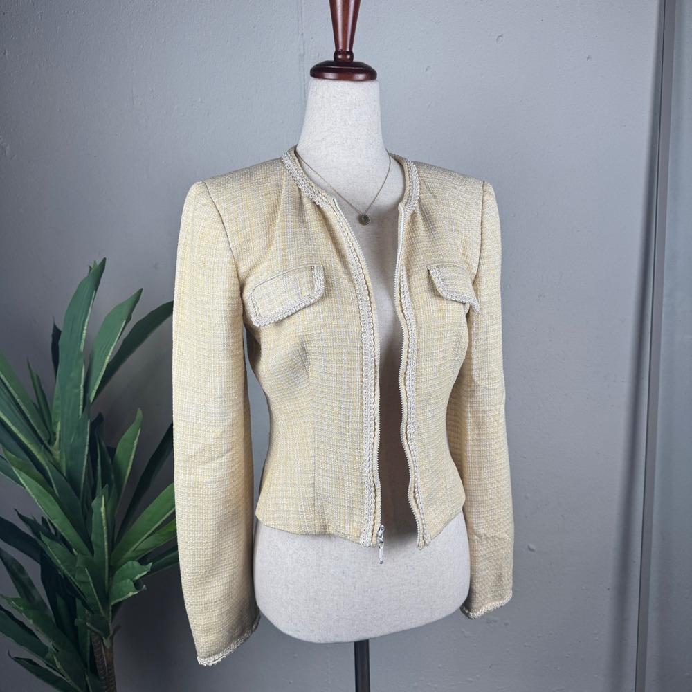 Old Money Quiet Luxury Vintage Preppy Tweed Jacket Women Size M Butter Yellow